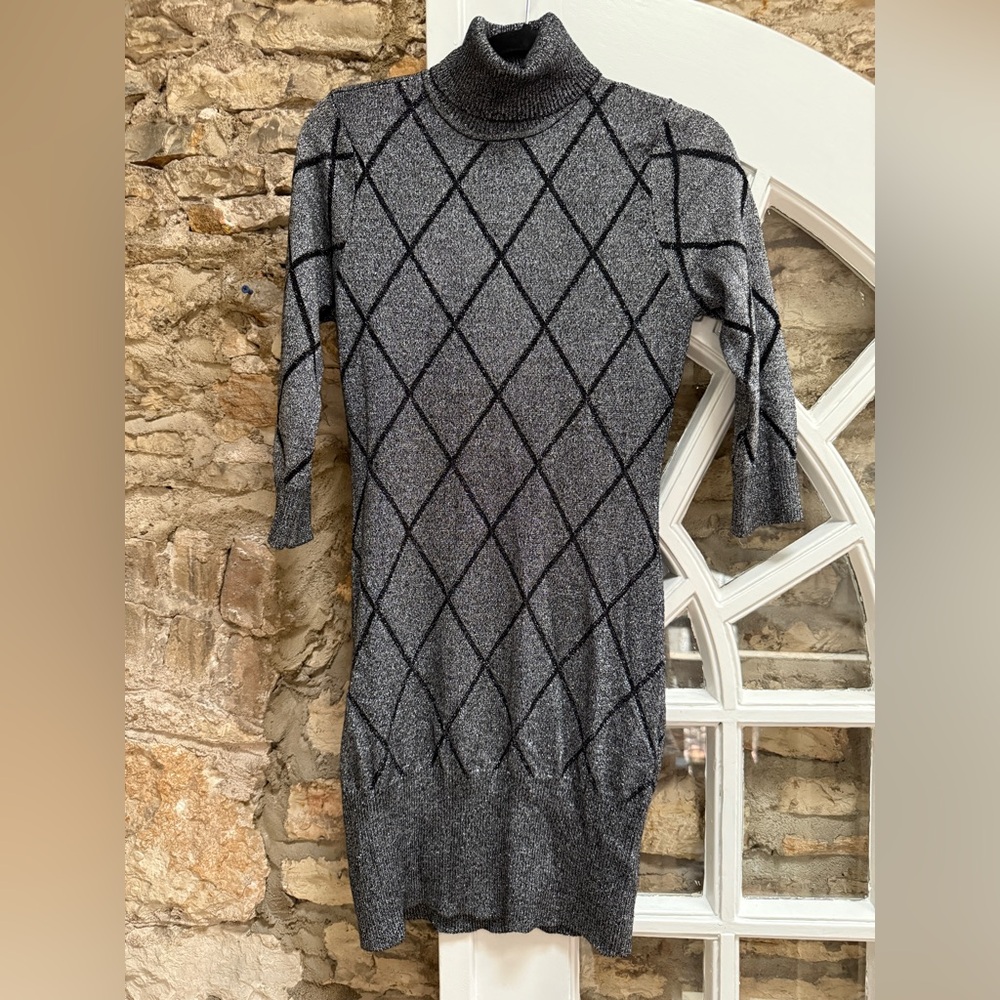 VENUS Metallic Gray Turtle Neck Long Sleeve Sweater Dress with Black Lines
